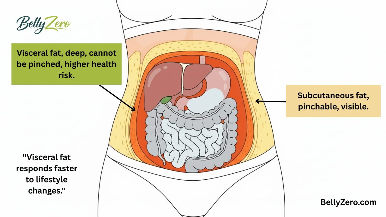 Cross-section diagram of female abdomen showing subcutaneous fat under the skin and visceral fat around internal organs