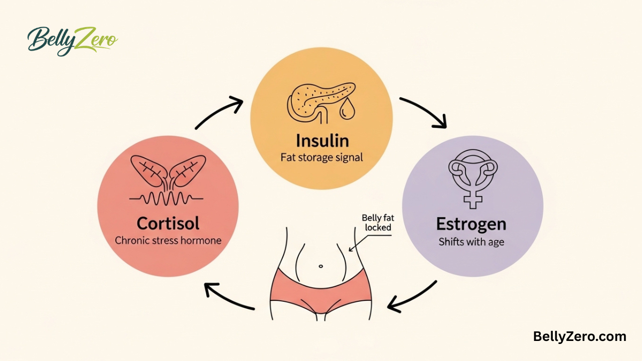 Hormonal cycle of cortisol, insulin, and estrogen contributing to stubborn belly fat