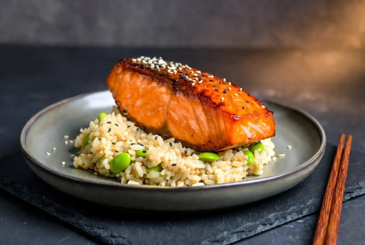 Miso glazed salmon fillet over cauliflower rice with edamame, spring onions, and sesame seeds in a white bowl