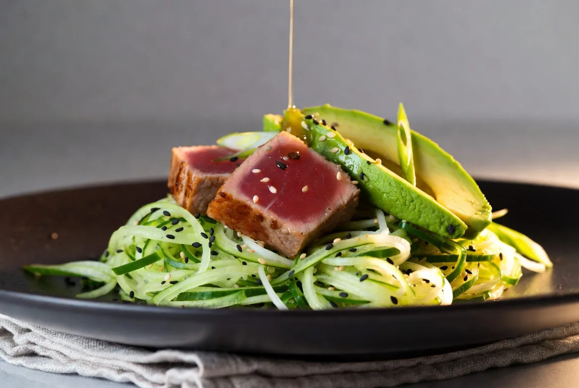 Seared tuna slices over spiralized cucumber noodles with avocado, scallions, and sesame seeds in a white bowl