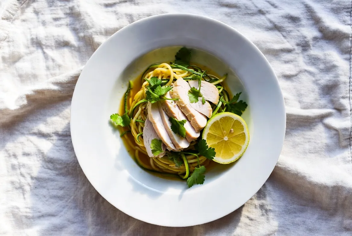 Fresh ingredients for turmeric chicken zucchini noodles including raw chicken breasts, ground turmeric, fresh ginger, garlic, and zucchini on a wooden surface