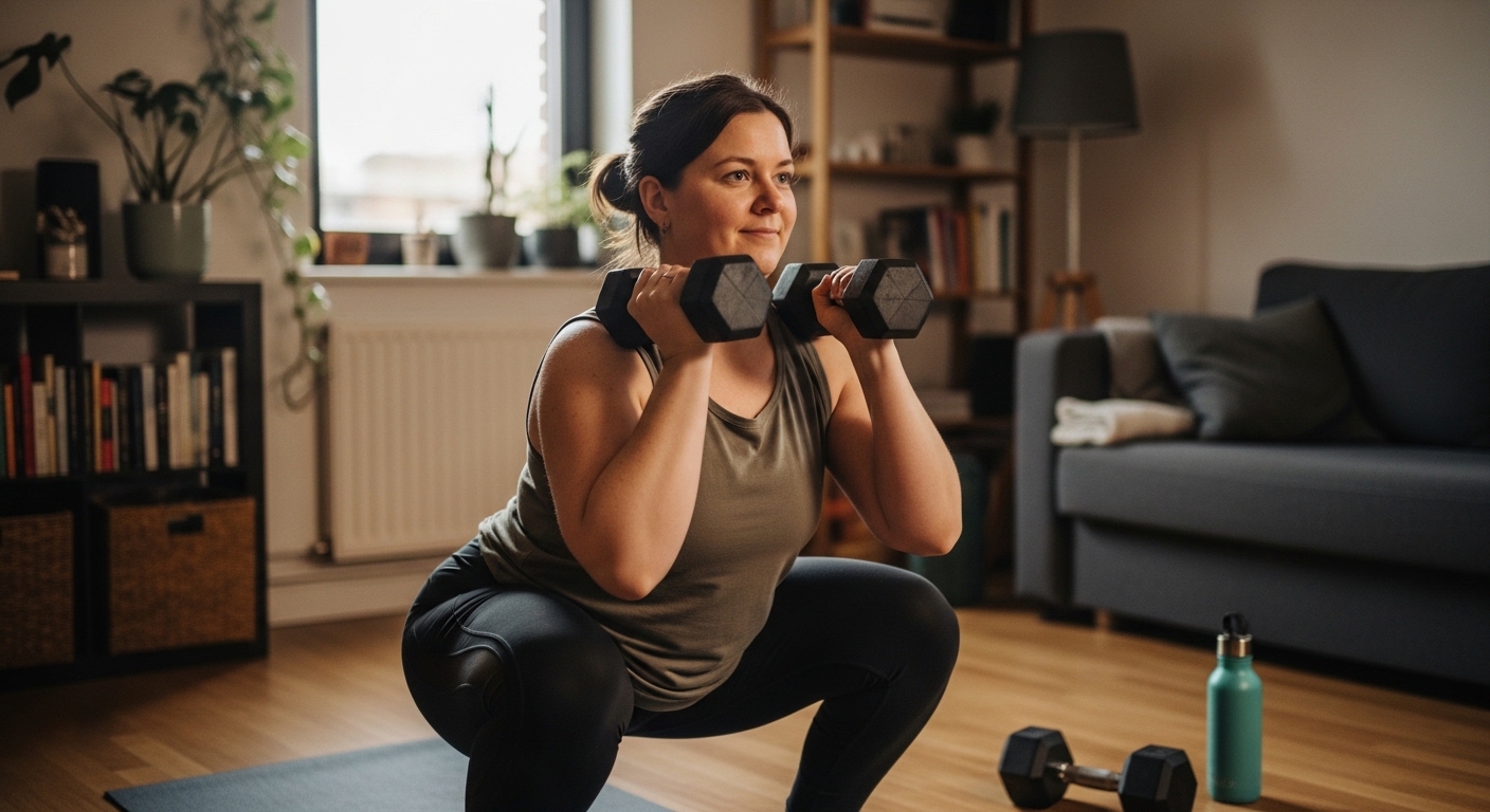 Woman in casual workout clothes doing a dumbbell goblet squat at home,