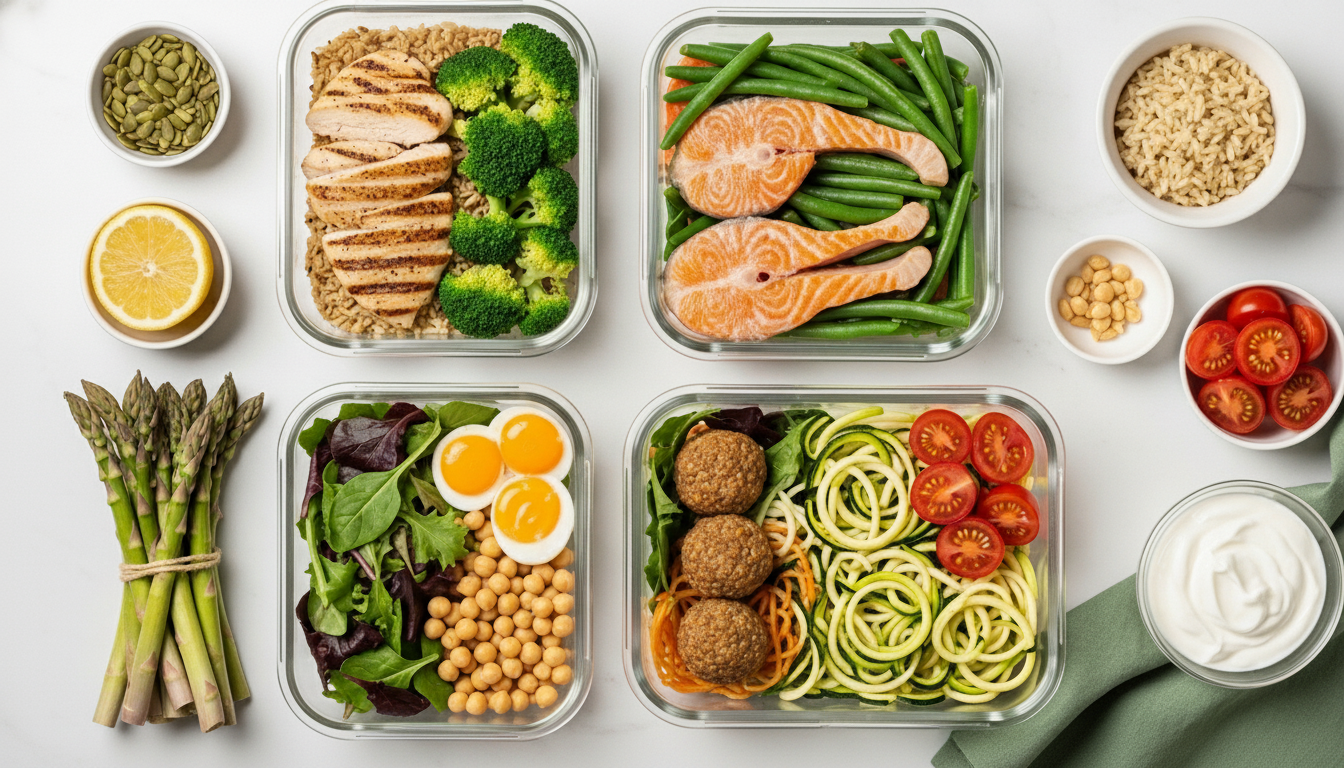 Flat-lay of four glass meal prep containers with protein-rich meals and small bowls of ingredients on a light marble surface, emphasizing balanced nutrition for belly fat reduction.