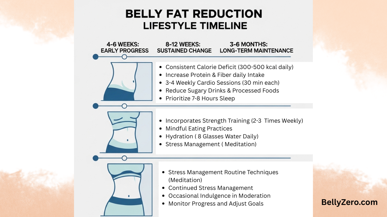 Timeline infographic showing realistic belly fat reduction milestones at 4 to 6 weeks, 8 to 12 weeks, and 3 to 6 months with estimated reduction percentages and key lifestyle habits at each stage