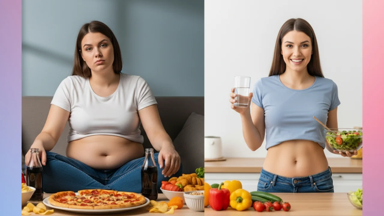 Woman before and after losing weight naturally by drinking water and eating healthy
