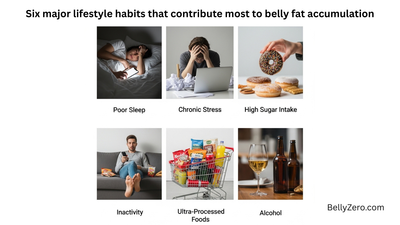 Infographic showing six lifestyle habits that drive belly fat accumulation including poor sleep, chronic stress, high sugar intake, sedentary behavior, ultra-processed food consumption, and alcohol