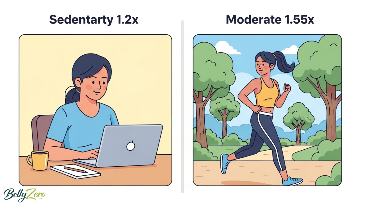 A split image showing two Indian women side by side. Left: a woman at a desk with a laptop, labelled Sedentary 1.2x. Right: a woman jogging in a park, labelled Moderate 1.55x.