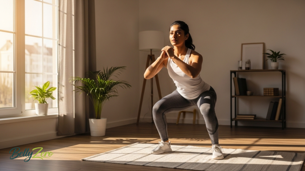 An Indian woman doing a home workout in her living room