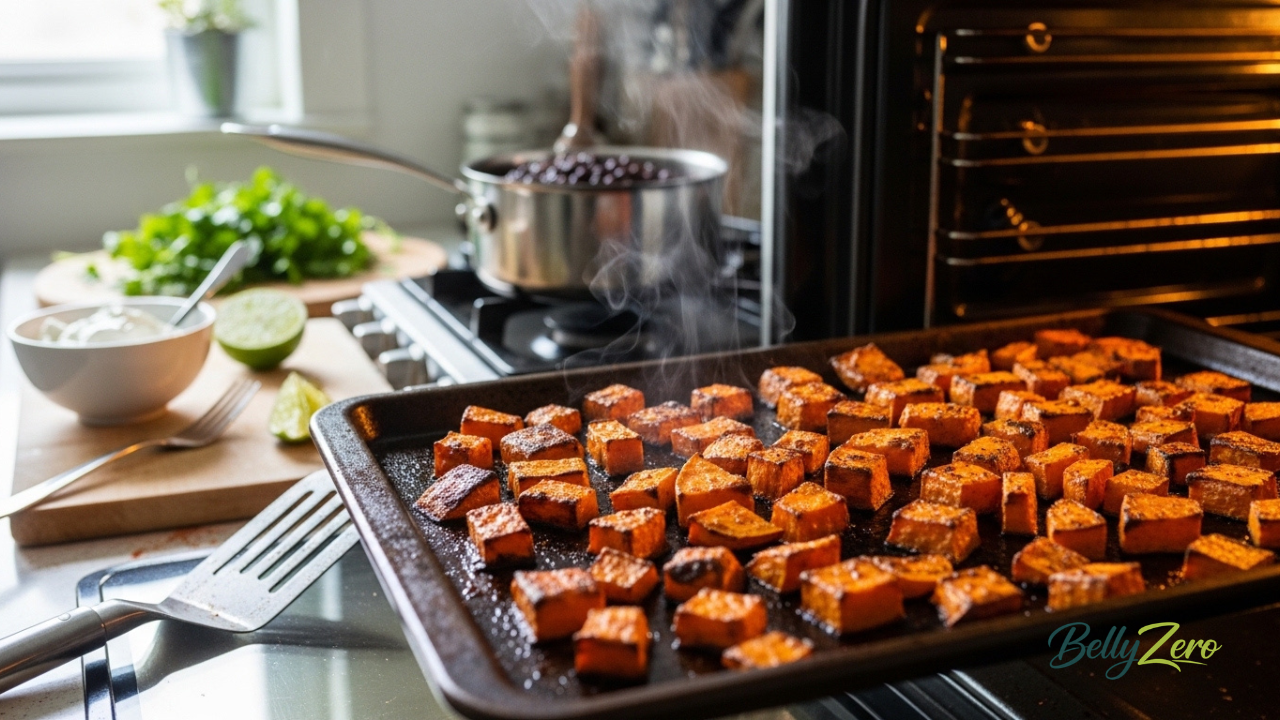 Caramelized sweet potato cubes on a roasting tray being pulled from the oven for the black bean sweet potato bowl. BellyZero recipe process shot.