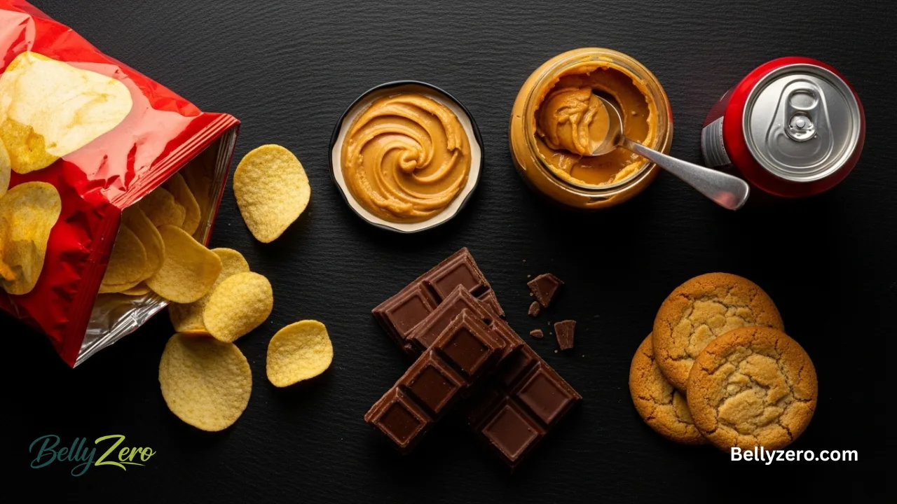 Commonly overeaten foods: chips, peanut butter, chocolate, cookies and soda