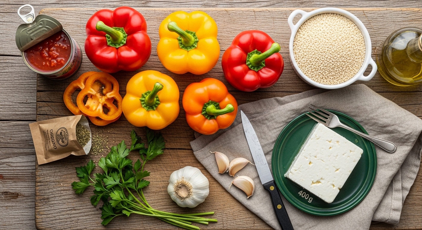 Greek Stuffed Bell Peppers: Quinoa & Feta Recipe for Core Strength 2 Fresh ingredients for Greek stuffed bell peppers with quinoa and feta