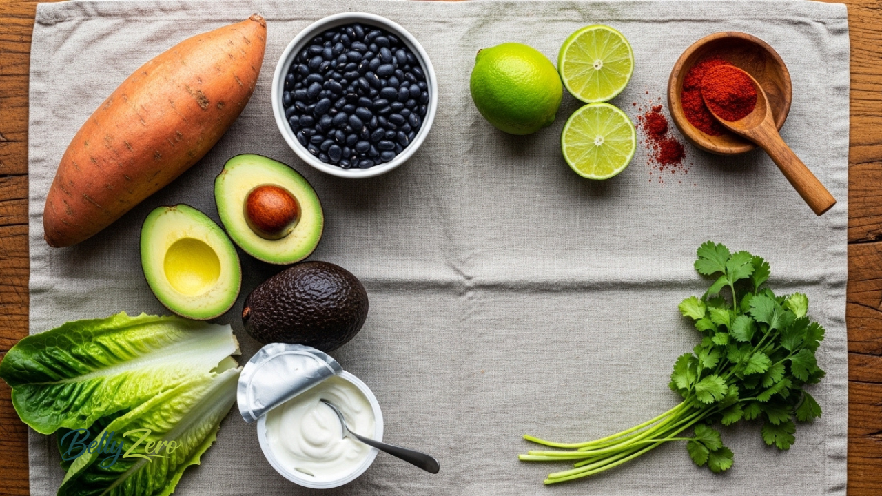 Fresh ingredients for black bean sweet potato bowl