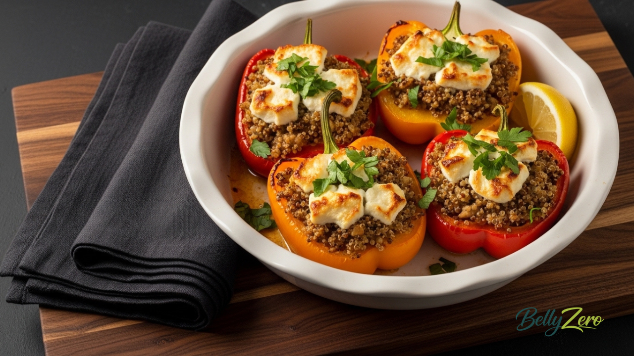 Greek Stuffed Bell Peppers: Quinoa & Feta Recipe for Core Strength 3 Greek stuffed bell peppers with quinoa and feta fresh from the oven in a white ceramic baking dish. BellyZero core strength nutrition recipe.