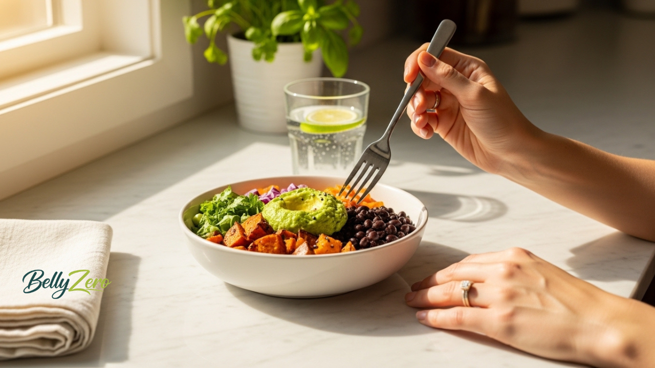 Hands about to eat a black bean sweet potato bowl at a kitchen counter. BellyZero healthy belly fat meal.