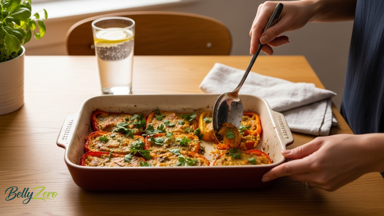 Greek Stuffed Bell Peppers: Quinoa & Feta Recipe for Core Strength 6 Hands serving Greek stuffed bell peppers with quinoa and feta from a baking dish at a dining table. BellyZero waistline-friendly dinner.