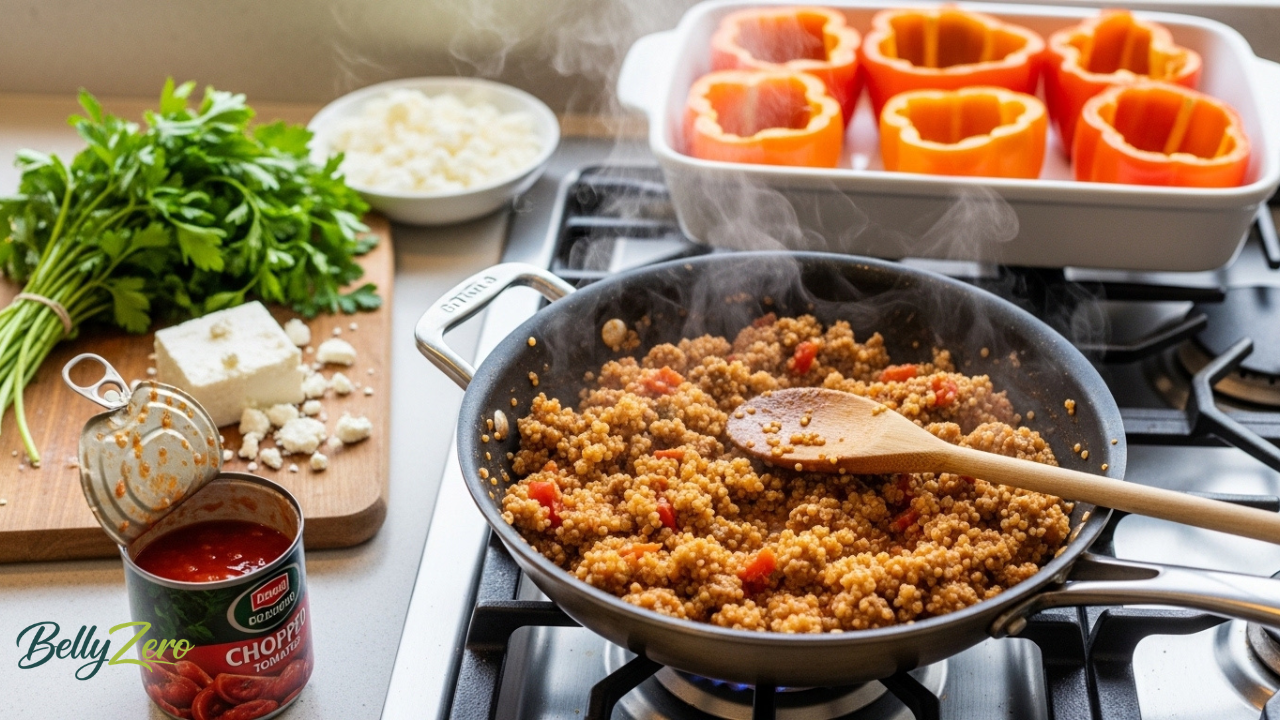 Greek Stuffed Bell Peppers: Quinoa & Feta Recipe for Core Strength 4 Quinoa and turkey filling simmering in a skillet for Greek stuffed bell peppers. BellyZero recipe process shot.