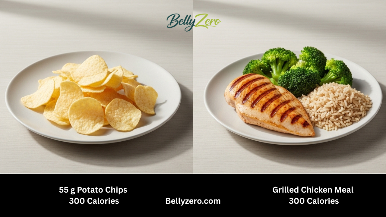 Side-by-side 300 calorie comparison potato chips vs grilled chicken, broccoli and brown rice