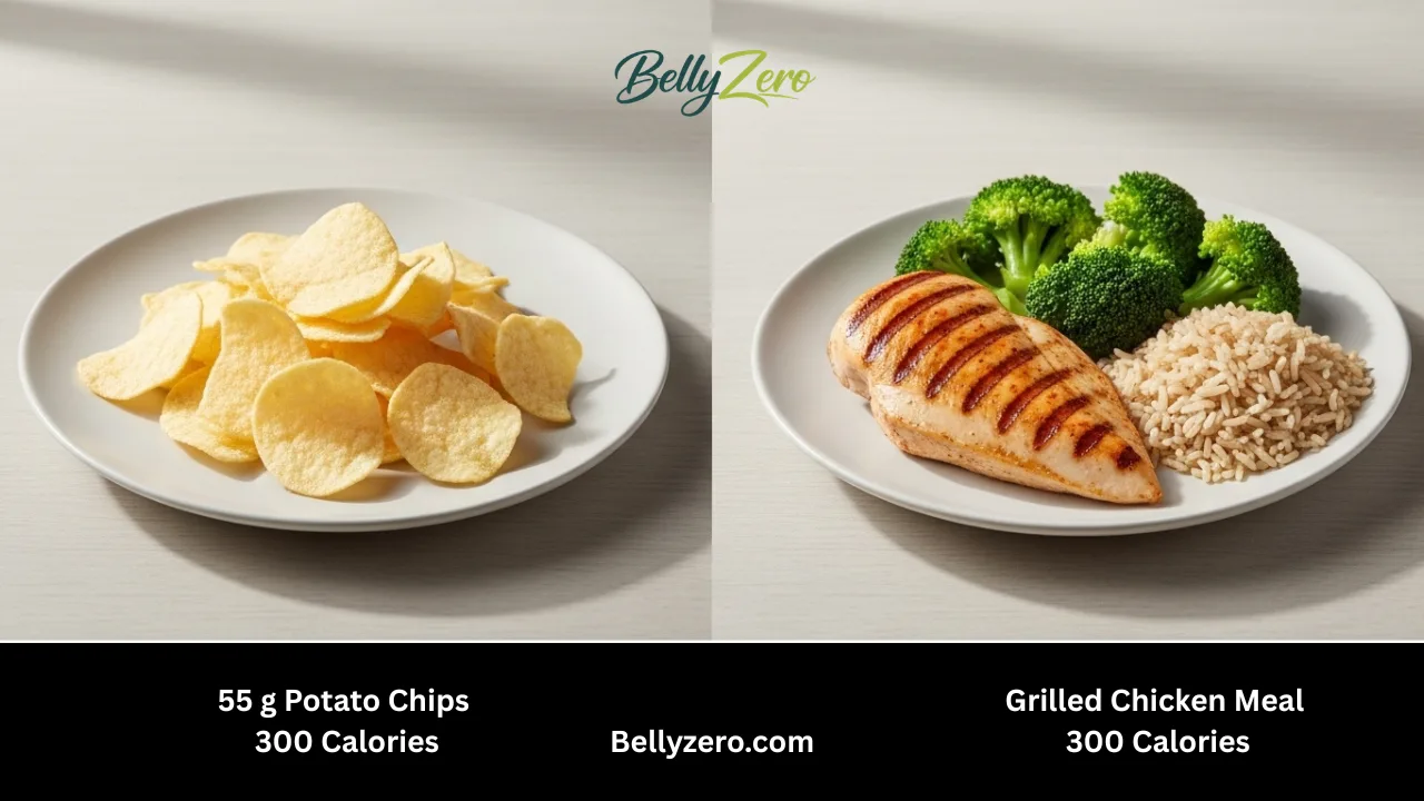 Side-by-side 300 calorie comparison potato chips vs grilled chicken, broccoli and brown rice