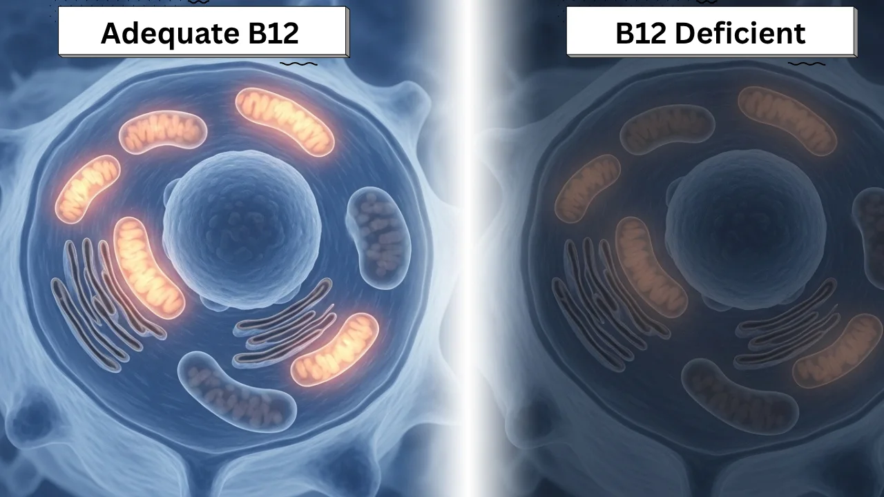 Does Vitamin B12 Speed Up Your Metabolism? Truth vs Hype 1 Split illustration showing a human cell with visible mitochondria shwoing Adequate B12 and B12 Deficient