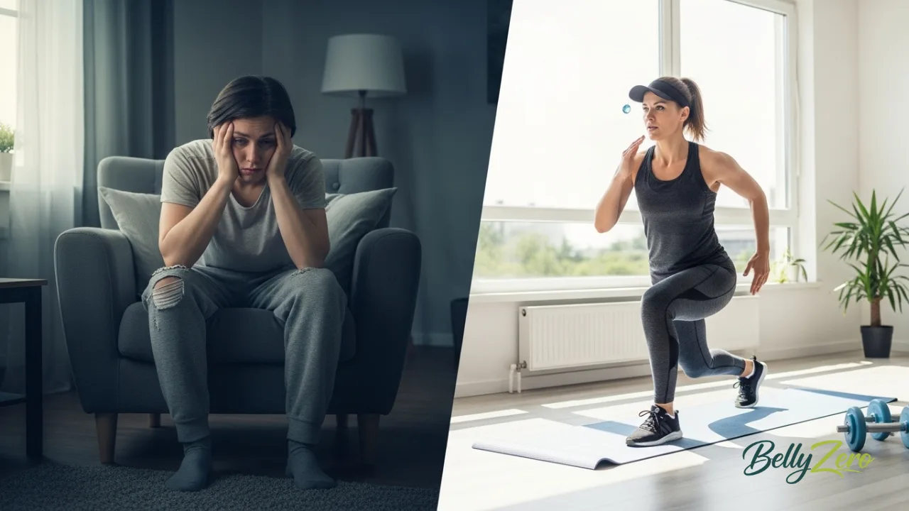Do Vitamin B12 Injections Help With Weight Loss? Do They Really Work or Just Marketing? 4 Split scene showing a tired person sitting with low energy on the left and an active person exercising on the right, natural lighting, clean background, no text.