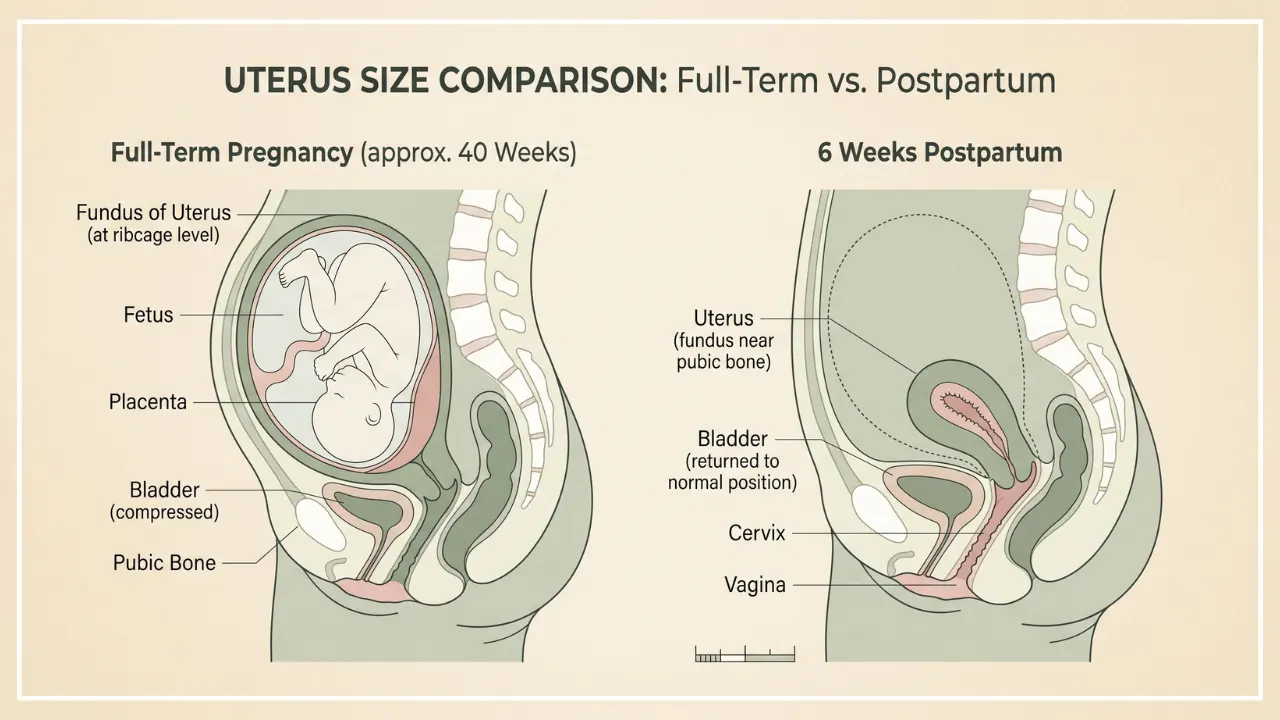  A clean, medically accurate illustration showing uterus size comparison the uterus at full-term pregnancy versus at 6 weeks postpartum. A clean, medically accurate illustration showing uterus size comparison the uterus at full-term pregnancy versus at 6 weeks postpartum.