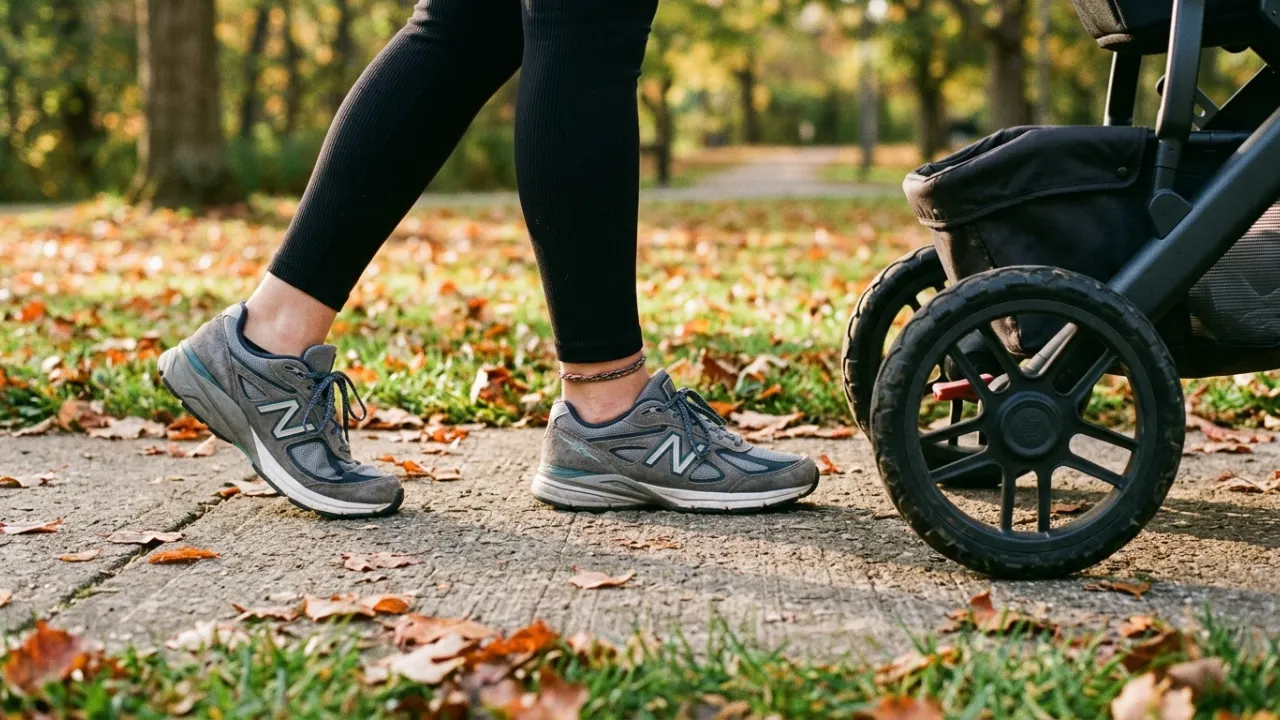 A close-up realistic photo of a postpartum woman's feet in comfortable walking shoes on a sidewalk, stroller wheels visible beside her.