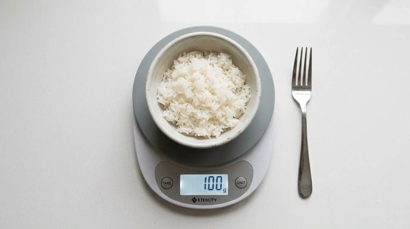a half-cup portion of cooked white rice in a small ceramic bowl placed on a kitchen scale reading 100g -bellyZero