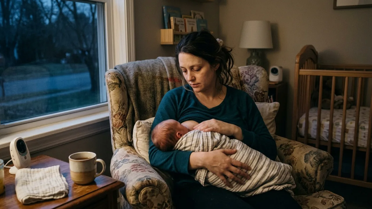 A tired but peaceful mother sitting in dim early-morning light, nursing her newborn in a comfortable chair near a window.