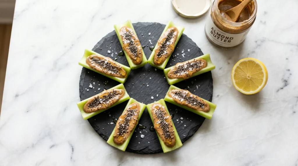 Almond Butter Celery Bites with Chia Seeds: 5-Minute Waist Snack
