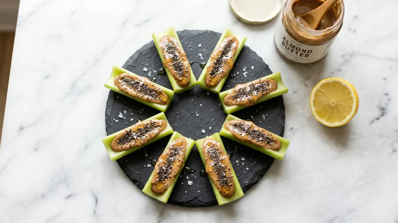 Almond butter celery chia seed snack bites for waistline snacking-bellyzero