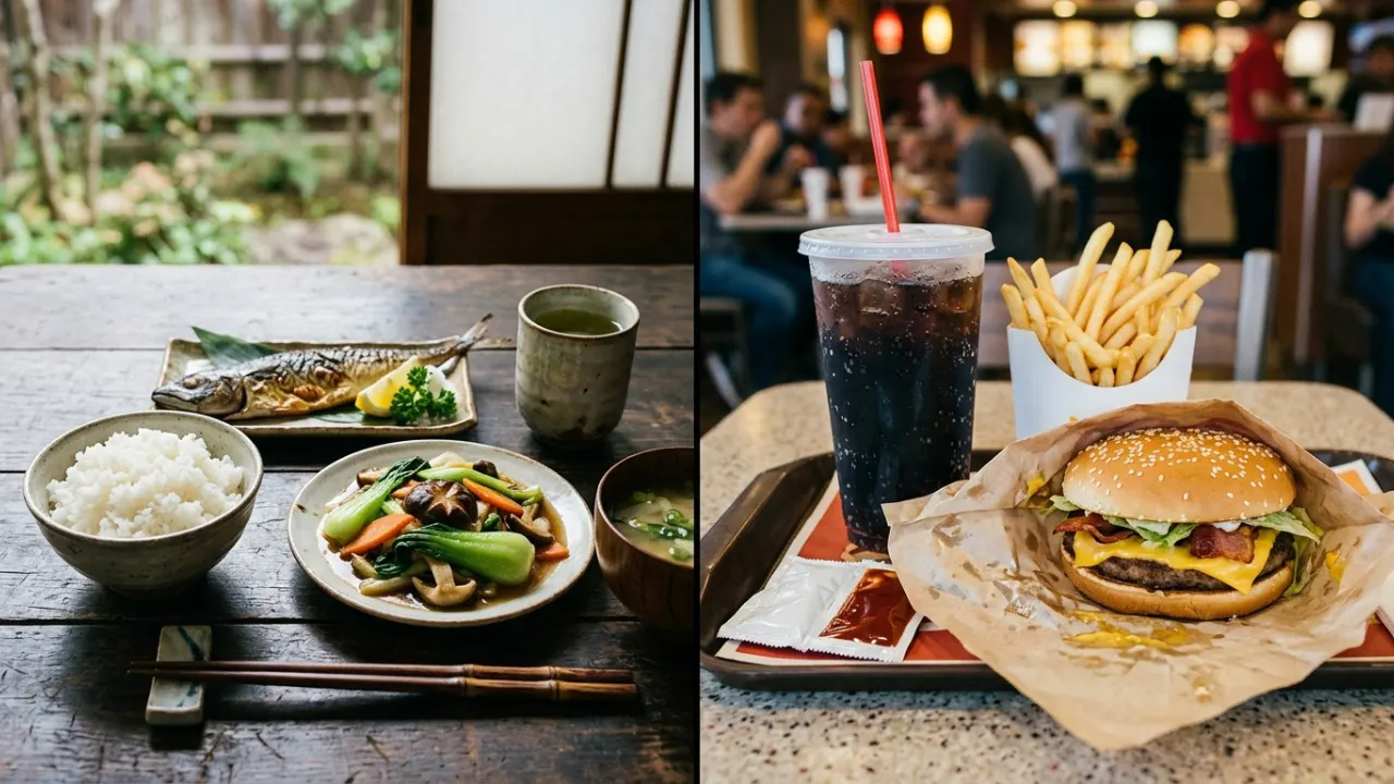 traditional Asian meal setting with rice, vegetables, fish, chopsticks, and green tea on a simple wooden table Vs modern fast food setting with a large soda, fries, and a burger. 