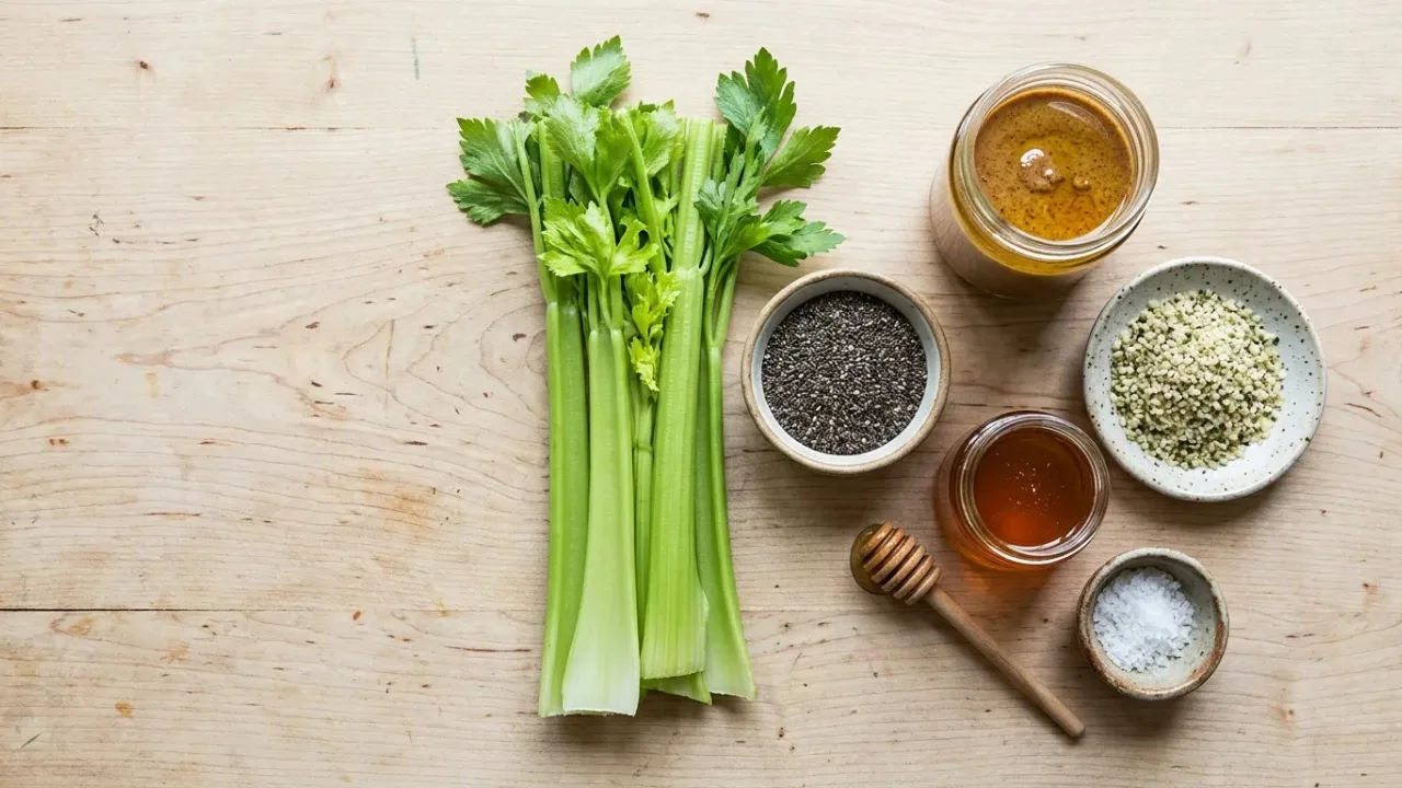 Ingredients for almond butter celery chia snack bites-bellyzero