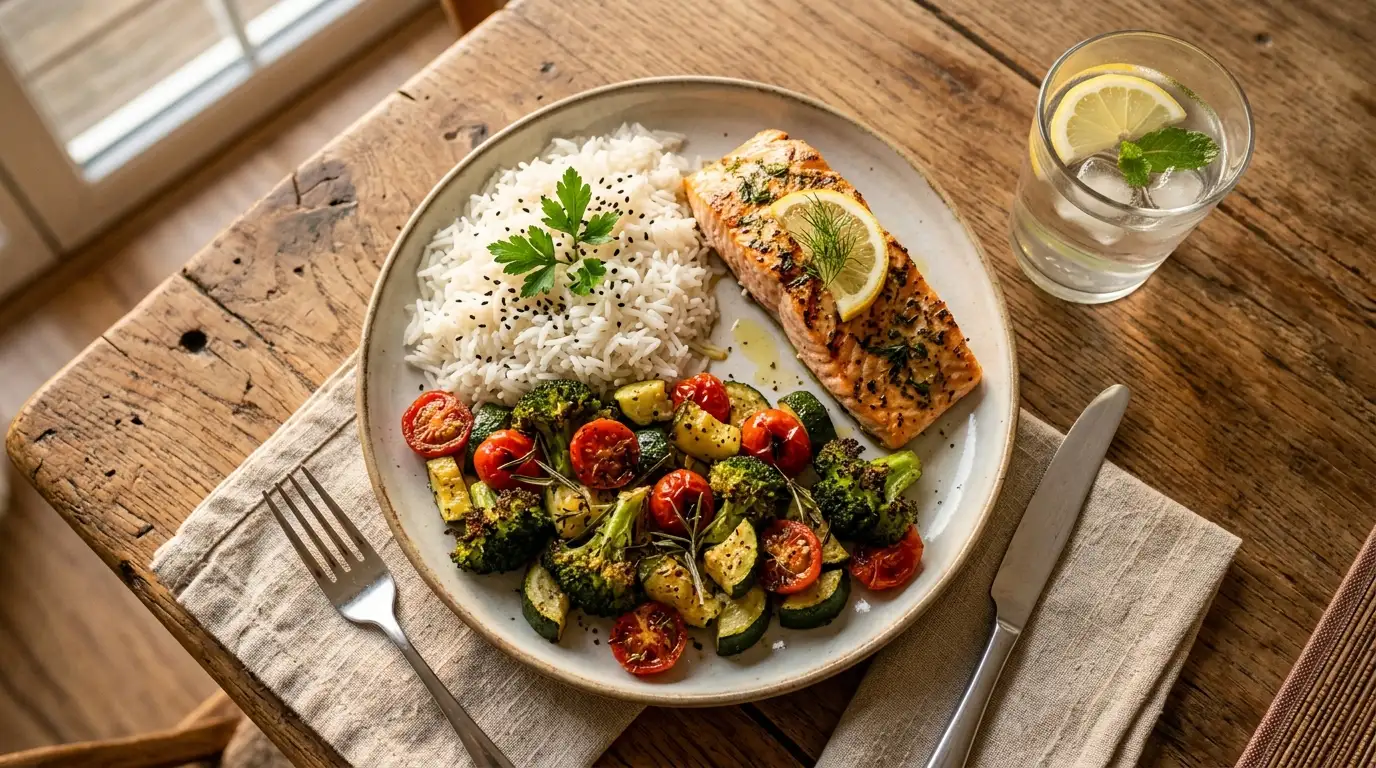 One quarter white rice, one quarter grilled salmon, half the plate filled with roasted vegetables including broccoli, cherry tomatoes, and zucchini.