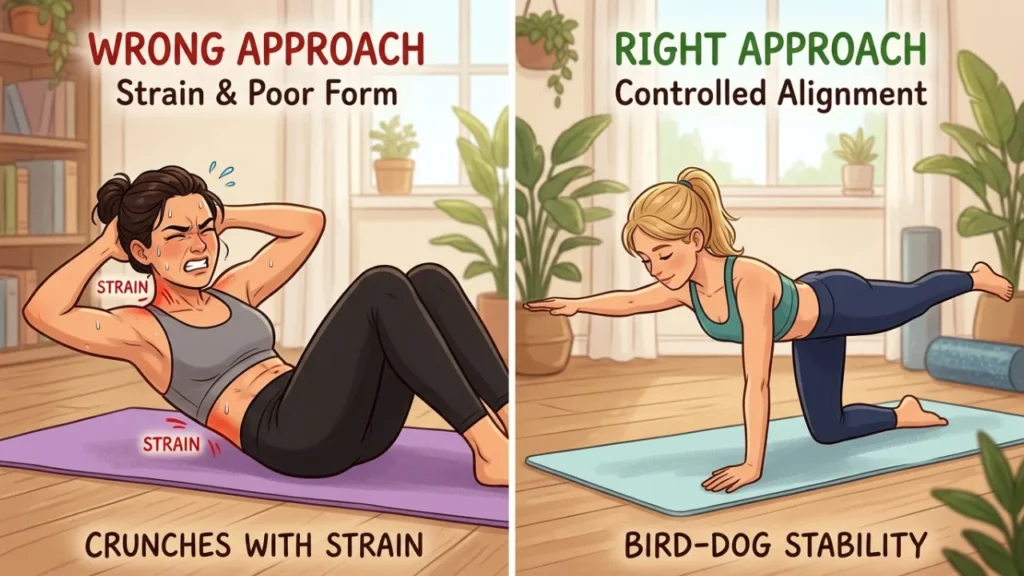 How to Get Rid of Postpartum Belly Fat - One-woman-doing-crunches-with-a-pained-expression-wrong-approach-and-another-doing-a-gentle-bird-dog-exercise-on-a-mat-right-approach