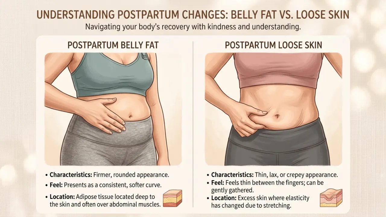 A realistic side-by-side comparison illustration showing the difference between postpartum belly fat (firmer, rounded) and loose skin (thin, pinchable). 