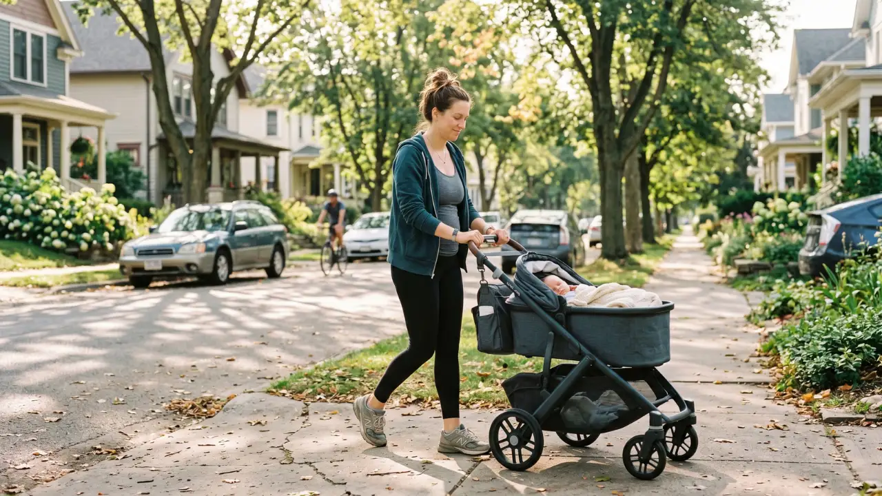 postpartum woman in her early 30s, walking with a baby stroller in a tree-lined neighborhood on a sunny morning.