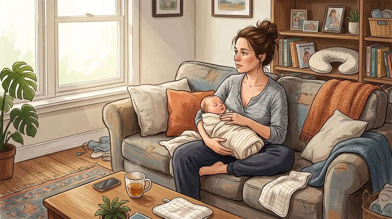 showing a mother at home in the early postpartum weeks, seated on a couch with her newborn, looking thoughtful.