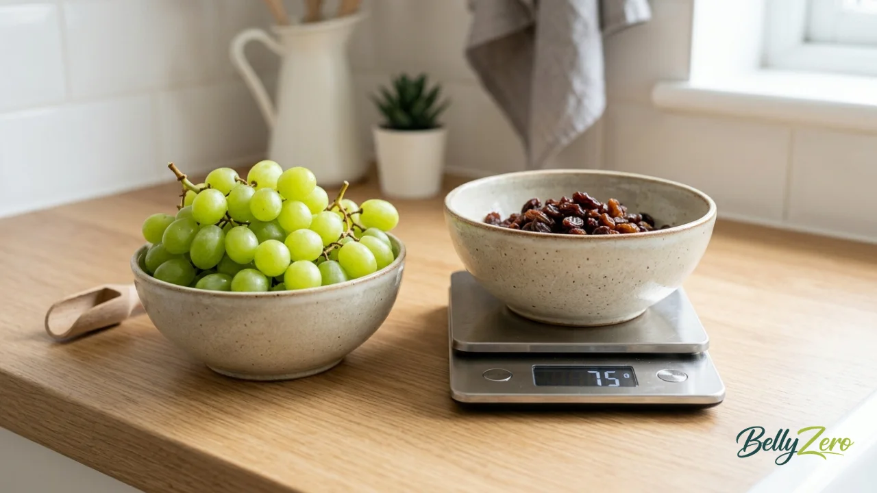 A bowl of dried raisins next to a matching bowl of fresh grapes