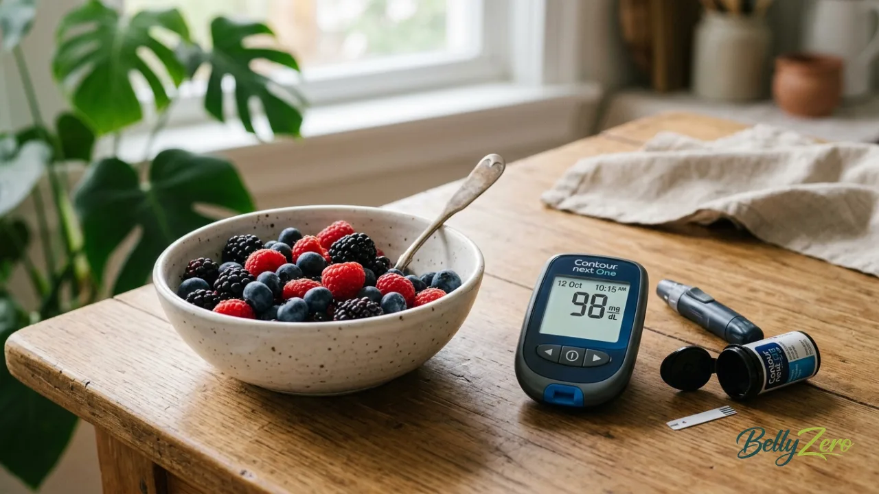 A bowl of mixed berries next to a blood glucose meter on a clean table.