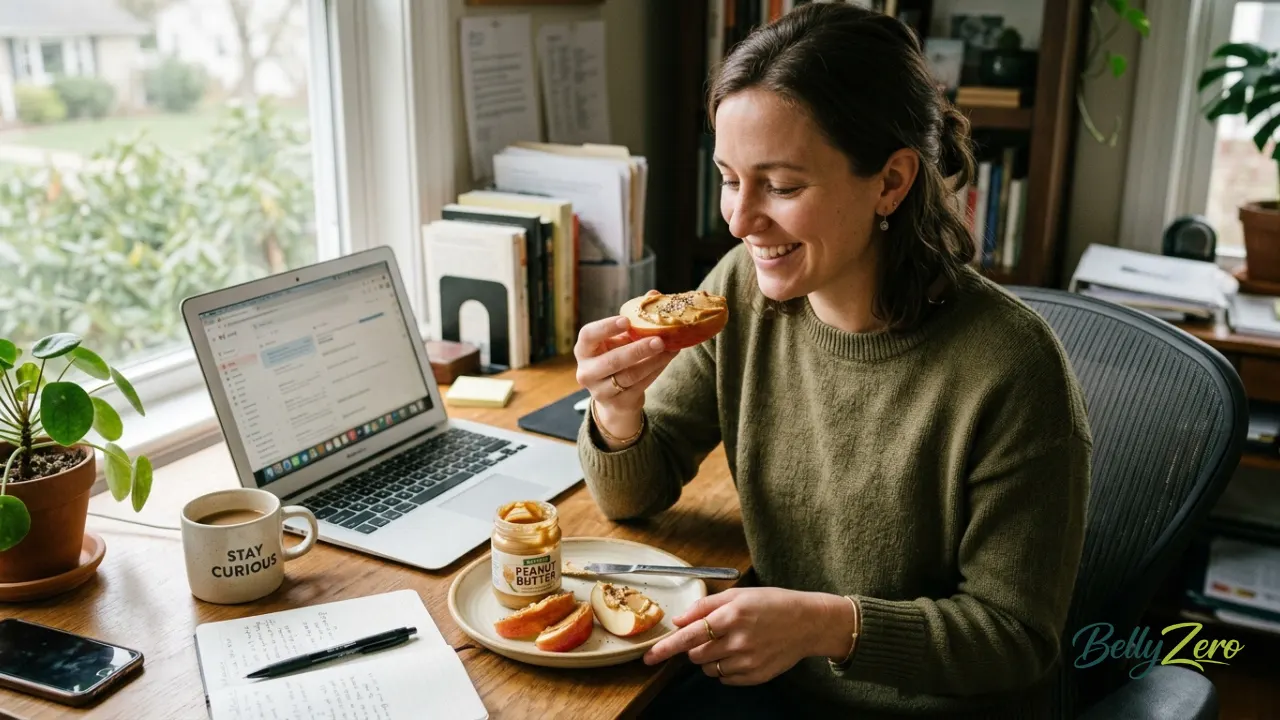 A person holding a sliced apple with peanut butter as a mid-morning snack at a desk.