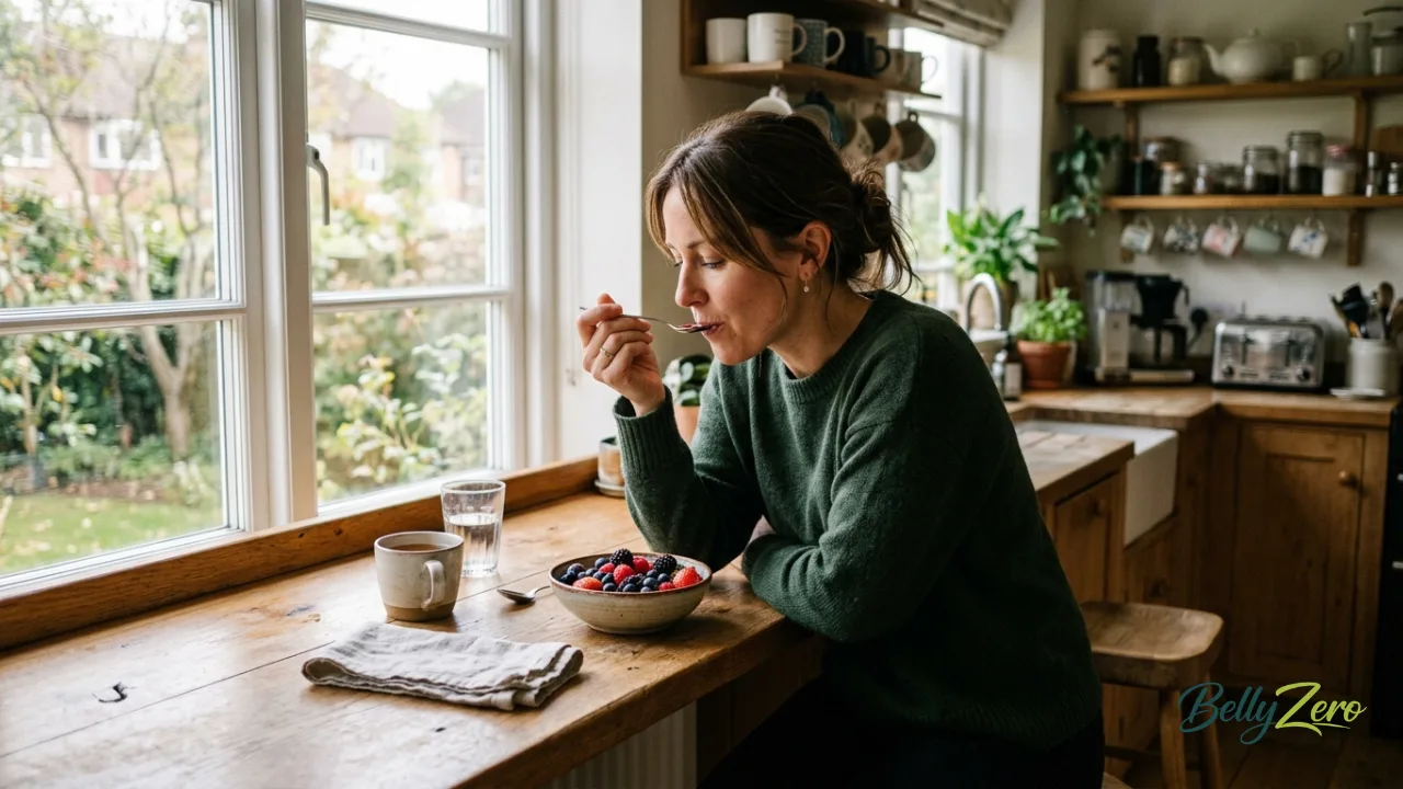 A woman eating a bowl of mixed berries at a kitchen counter