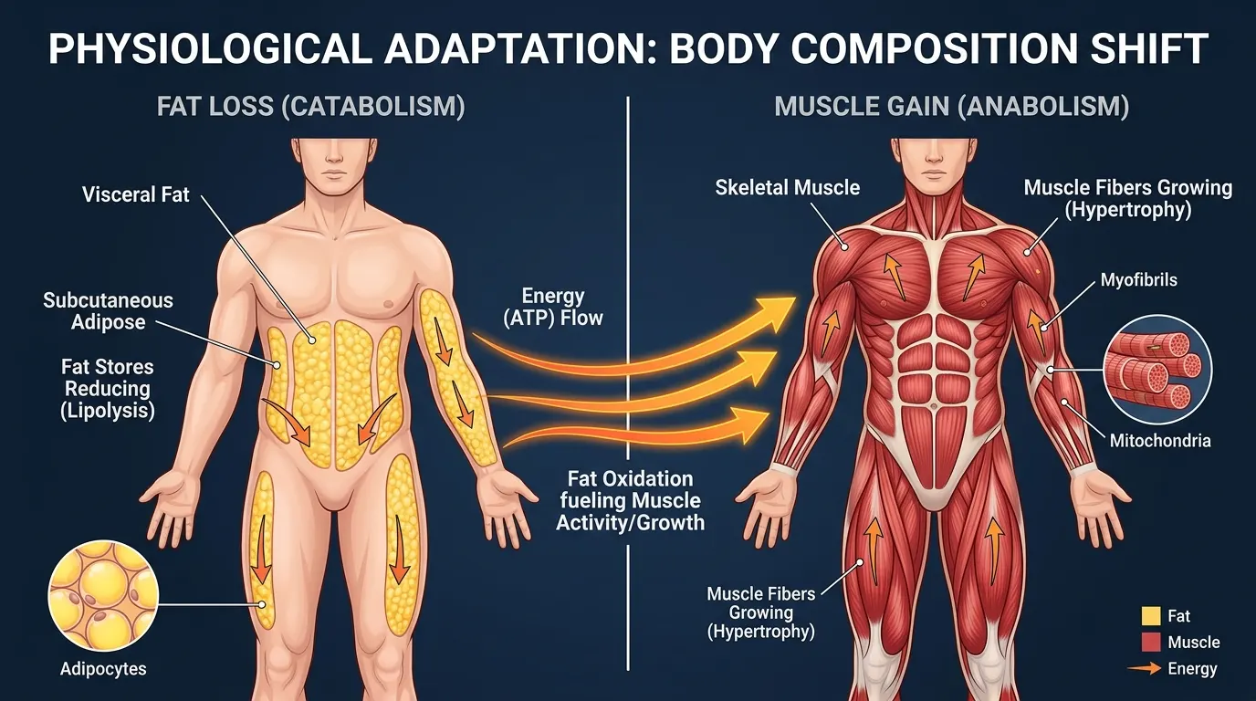 Anatomical split illustration of a human body, one side showing fat tissue reducing and the other side showing muscle fibers growing. Arrows show energy flowing from fat stores toward muscle tissue