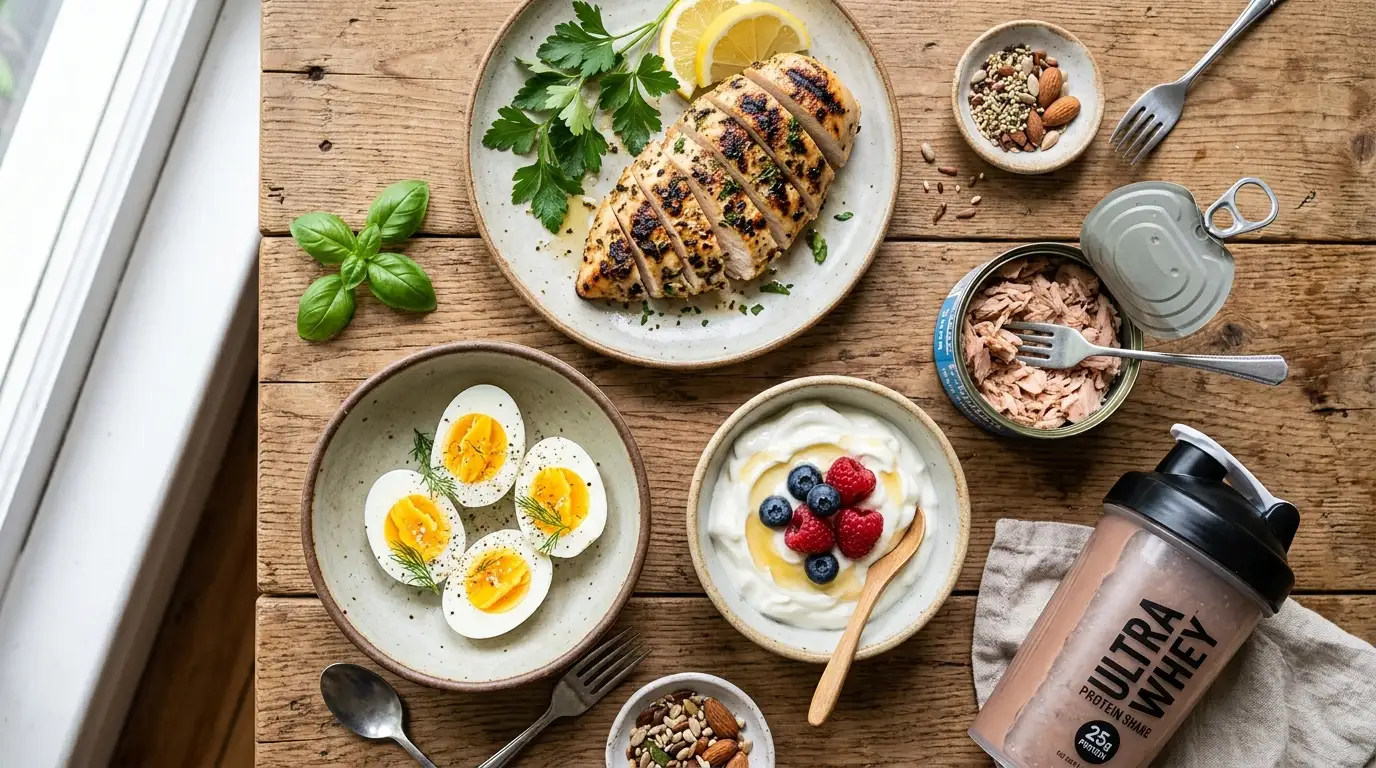 Top-down flat lay of high-protein foods on a wooden surface: grilled chicken, whole eggs, Greek yogurt, a can of tuna, and a protein shake. 