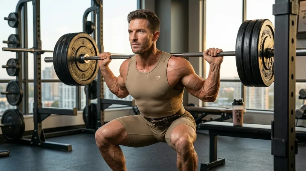 Person performing a barbell back squat in a gym with strong, focused form. 