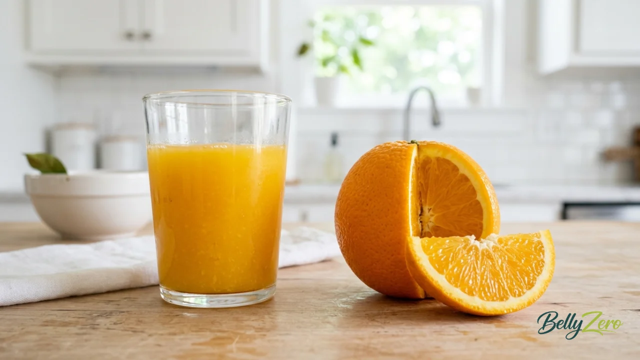 Side-by-side comparison image a glass of orange juice next to a whole orange with a sliced section showing the flesh and fiber.