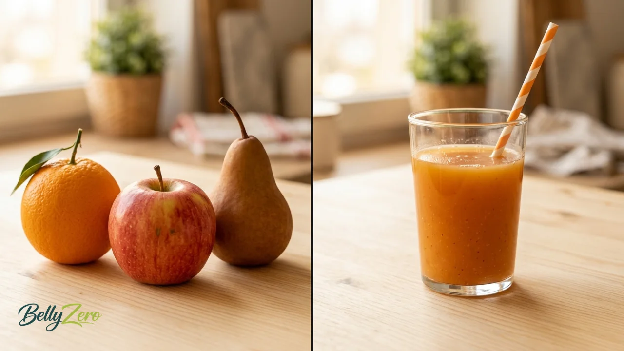Split composition image. Left side a whole orange, a whole apple, and a whole pear arranged neatly. Right side a glass of fruit juice with a straw.