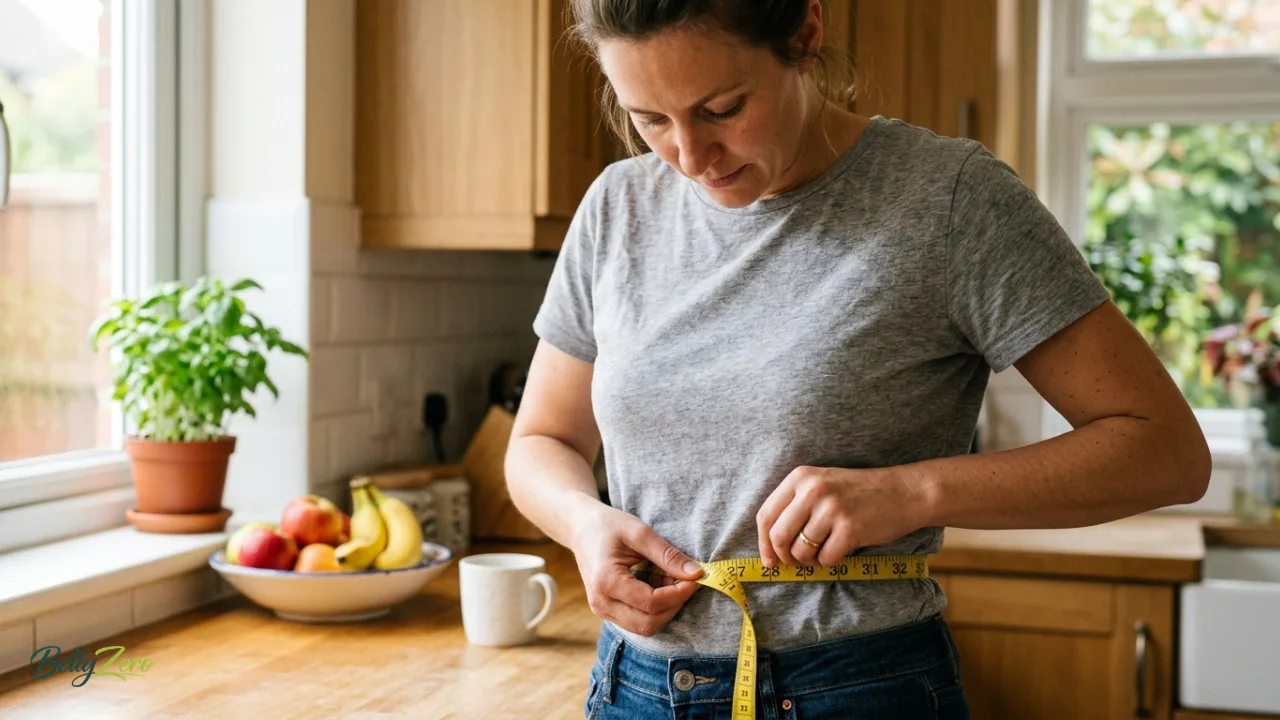 Carbs to Avoid for Belly fat : A close-up photo of a person measuring their waist with a tape measure in a bright kitchen