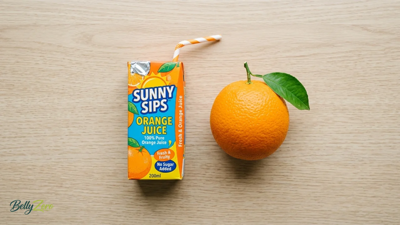 A glass of orange juice next to a whole peeled orange showing its natural fiber and segments