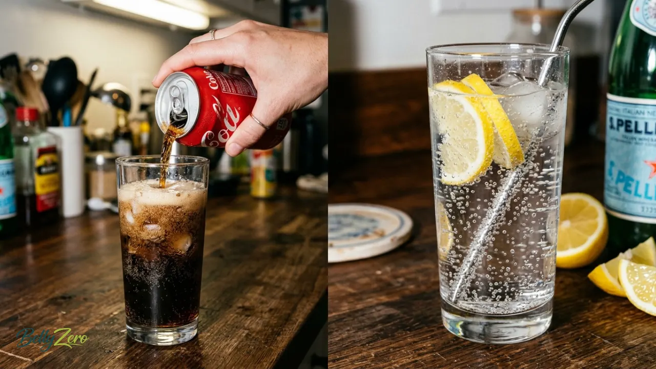 A hand pouring soda from a can into a glass with visible bubbles, harsh overhead light, next to a glass of sparkling water with lemon slices for contrast, split composition.