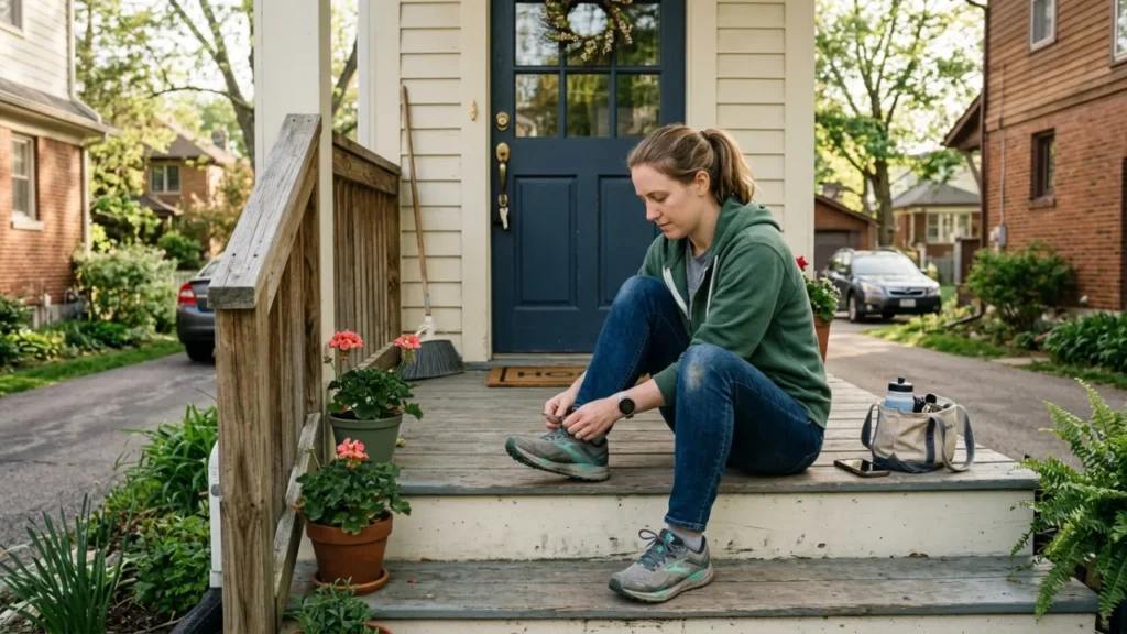 A person tying their running shoes on a front porch step, everyday clothes